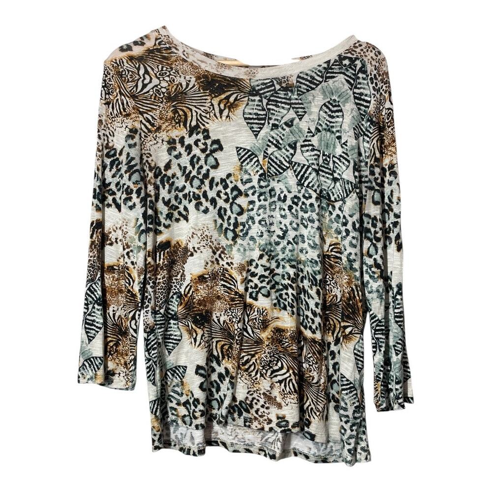 One World Animal Print 3/4 Sleeve Shirt Size Large Zebra Cheetah Sarari